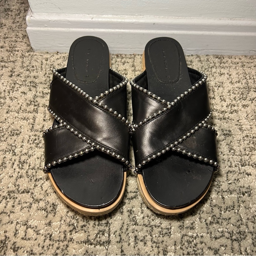 Zara Trafaluc Black & Silver Beaded Criss-Cross Chunky Platform Sandals Size 9
